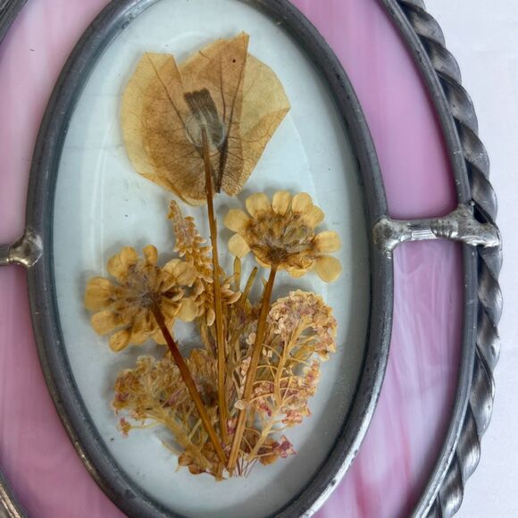 Pressed Dried Flowers in Silver Twisted Metal Frame Oval Colored Glass Boho - Picture 3 of 5
